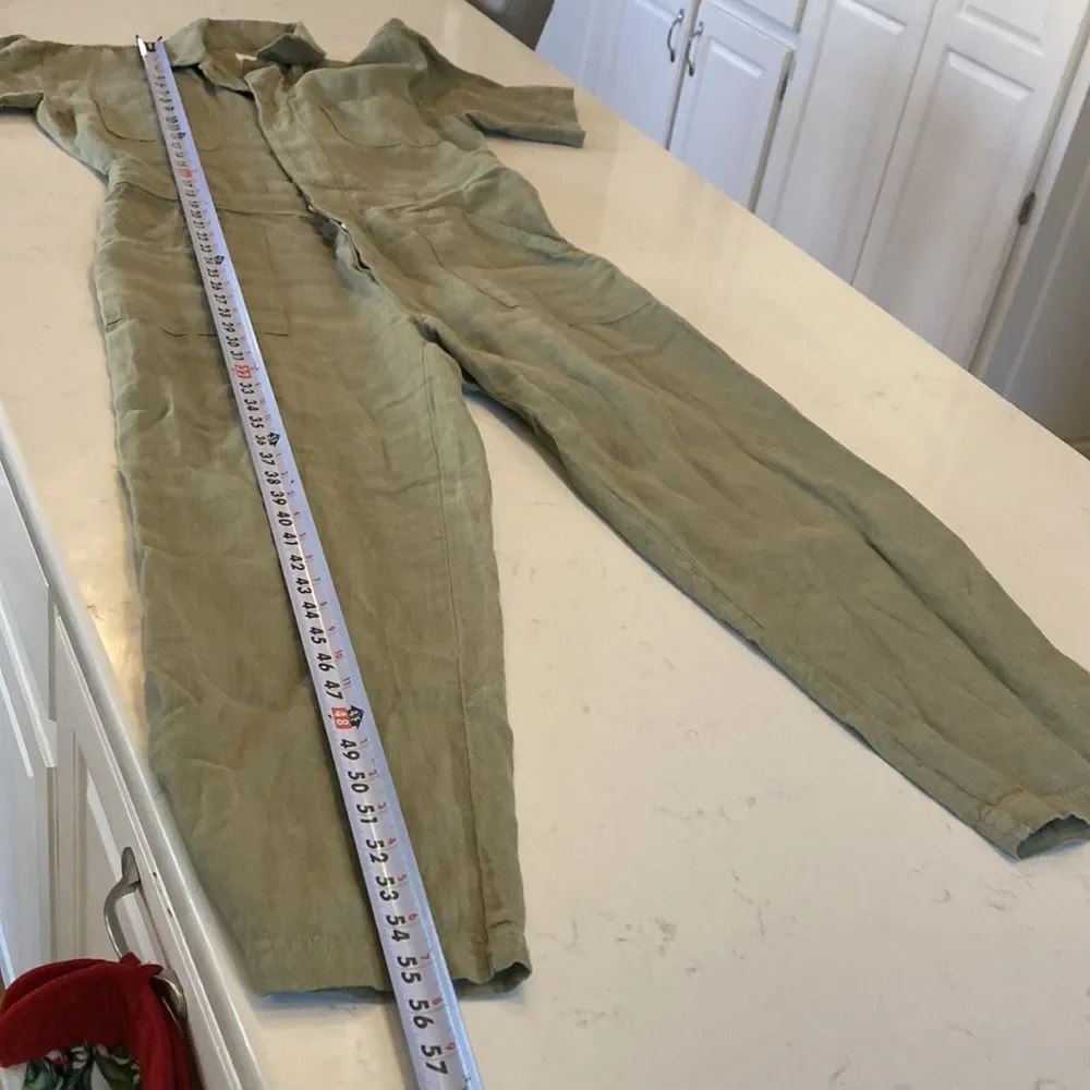 MATE the LABEL Oversized Linen Utility Jumpsuit Short Sleeve Olive Green